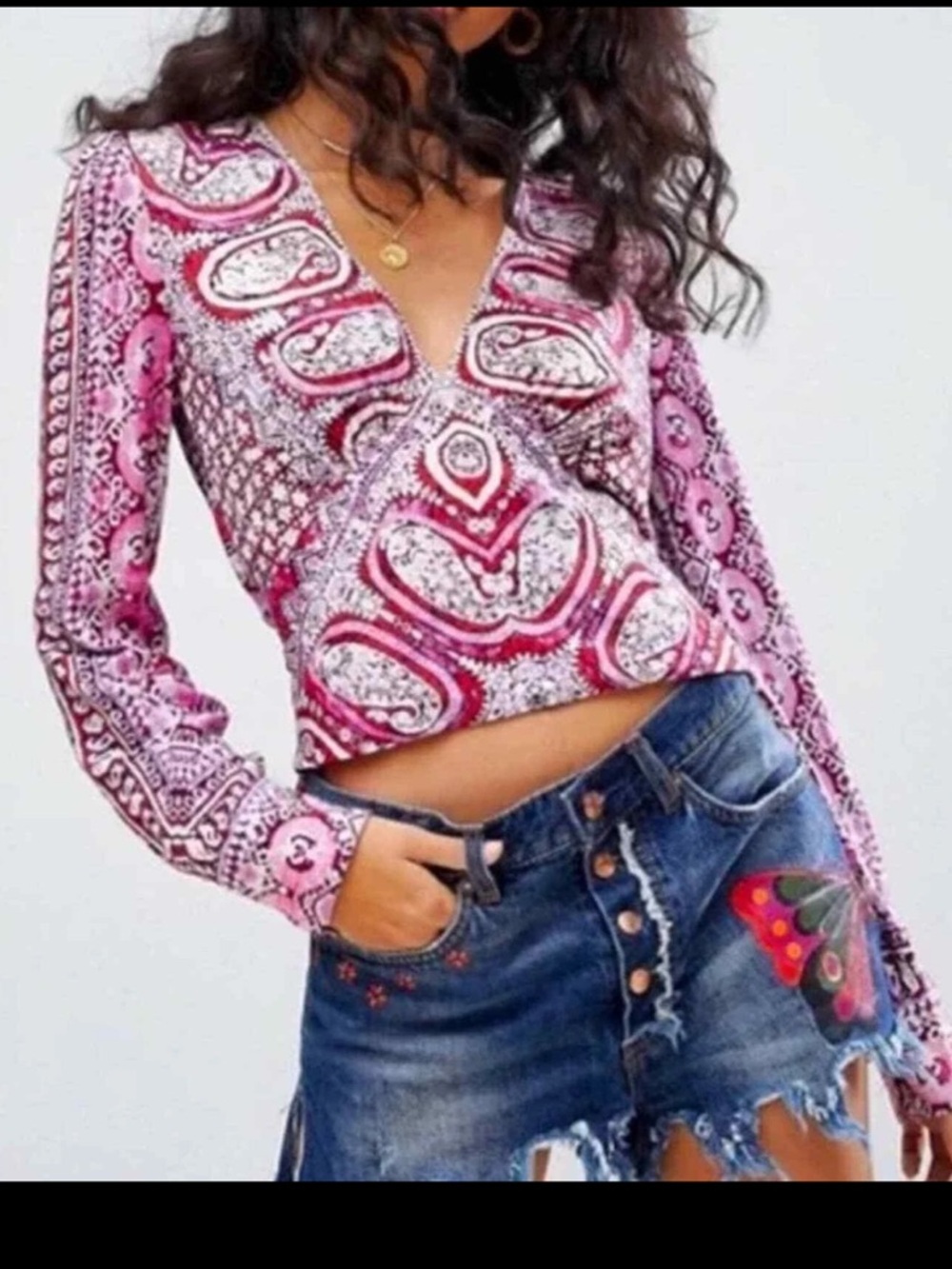 FREE PEOPLE Wild and Free Paisley Crop Top Pink Purple M Festival Boho Patchwork